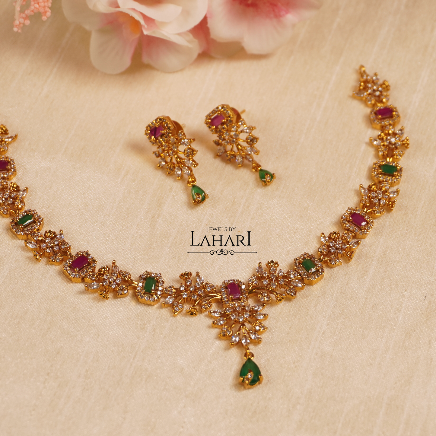 Emerald Ruby & Green Sparkle Necklace Set