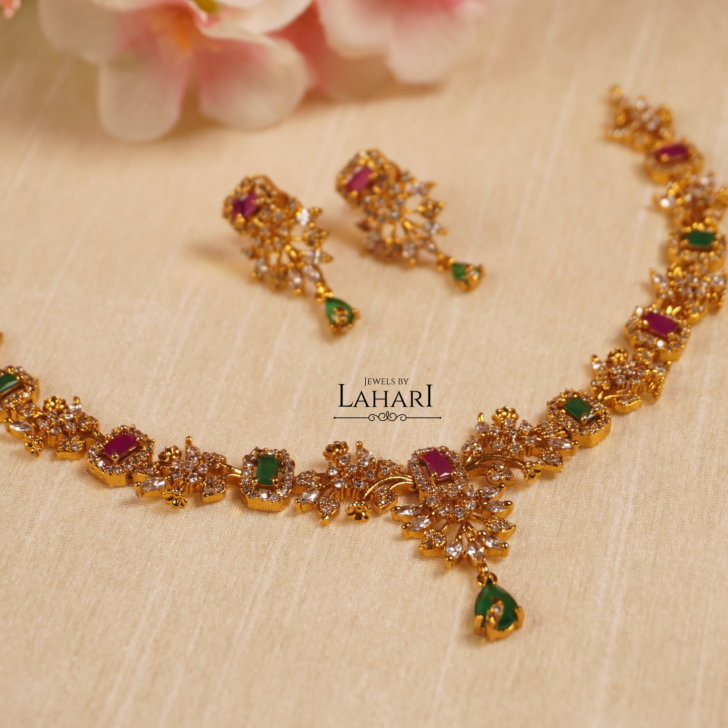 Emerald Ruby & Green Sparkle Necklace Set