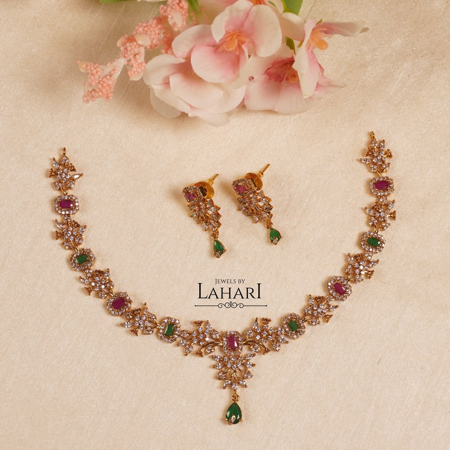 Emerald Ruby & Green Sparkle Necklace Set